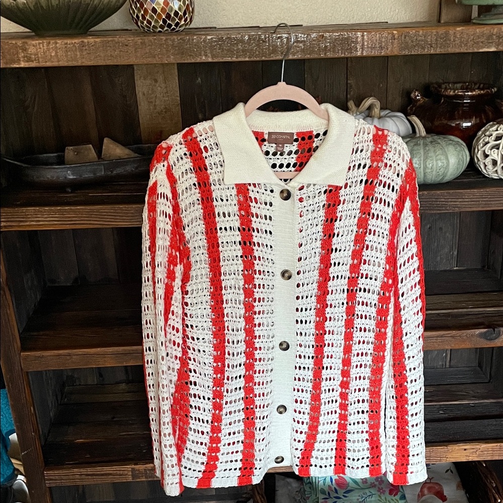Chic Striped Women's Cardigan in Red and White